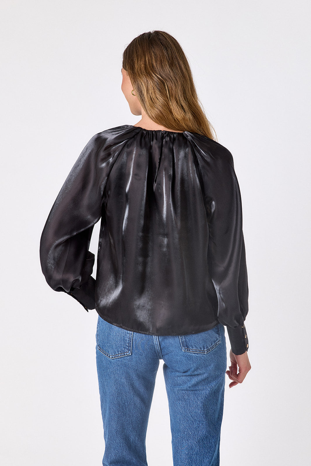 Black voluminous organza long-sleeve blouse on model – CROSBY by Mollie Burch