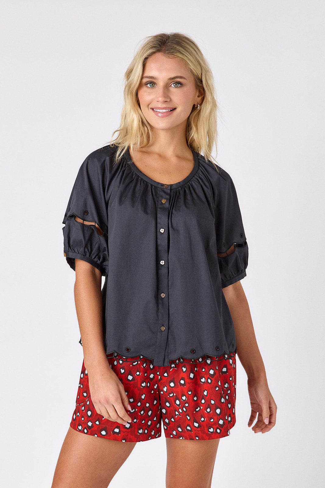 Pheasant shorts with Black scoop neck button up top on model — CROSBY by Mollie Burch