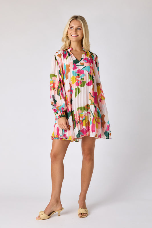 Botanic Blush pleated tent dress on model — CROSBY by Mollie Burch