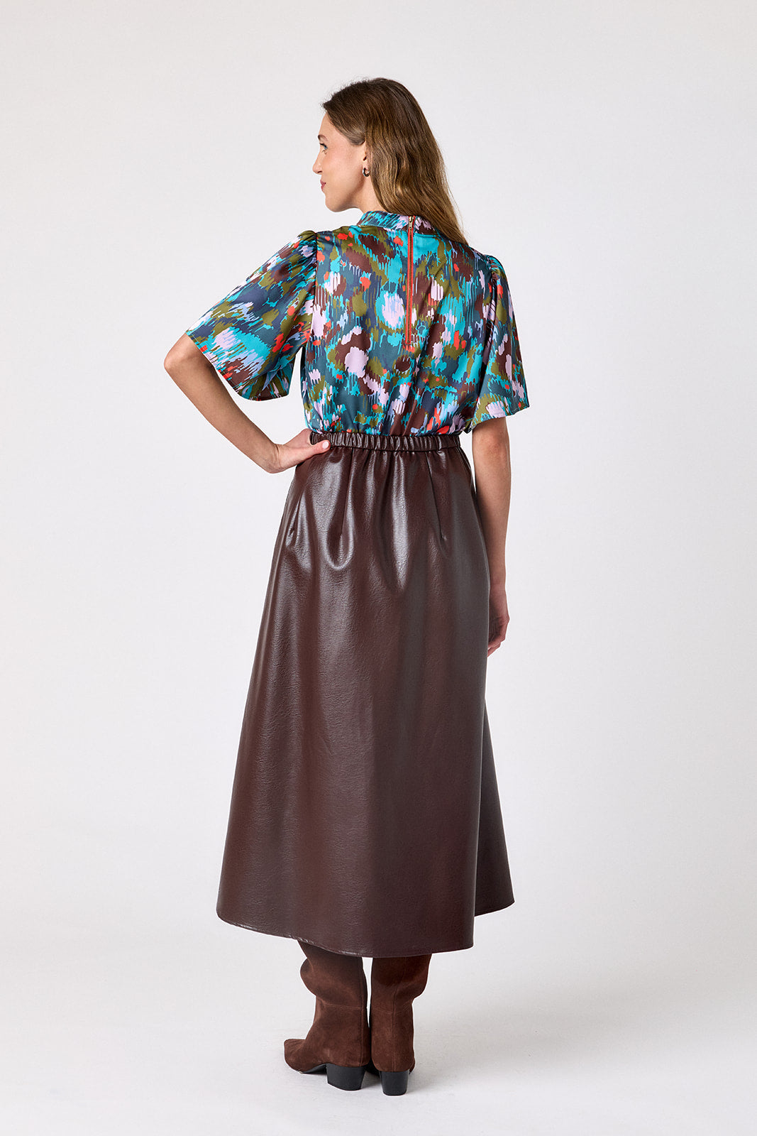 Brownie voluminous faux leather A-line skirt on model – CROSBY by Mollie Burch