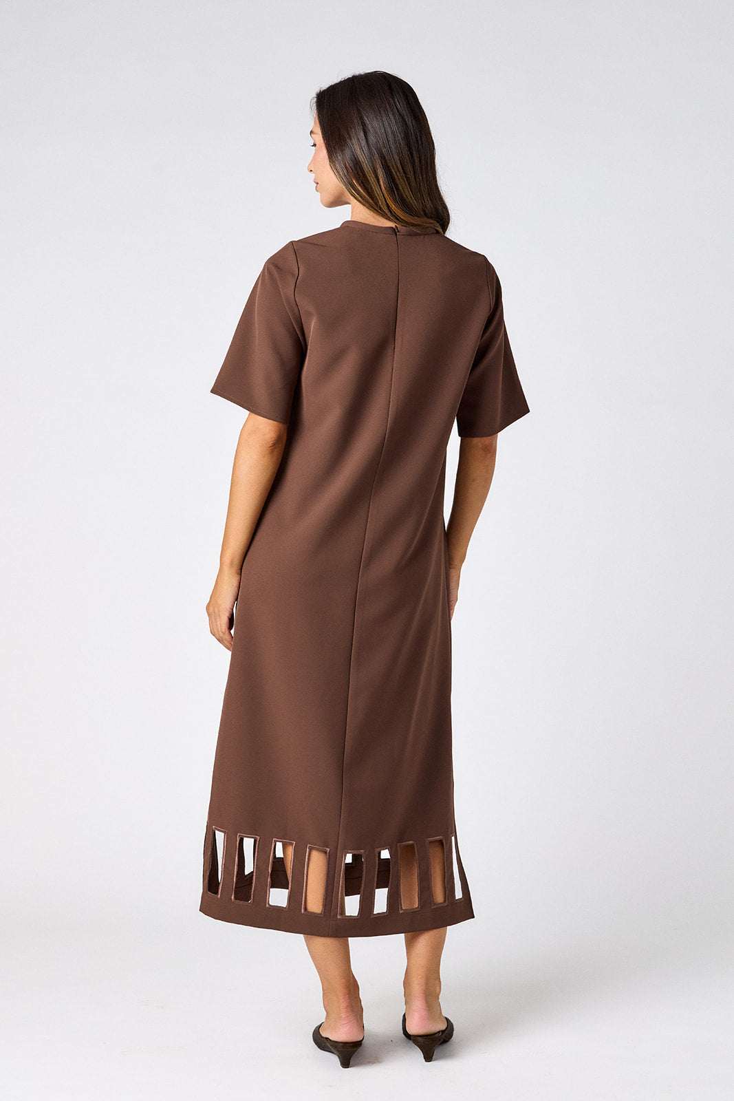 Brownie short sleeve ankle-length dress with a straight fit on model – CROSBY by Mollie Burch