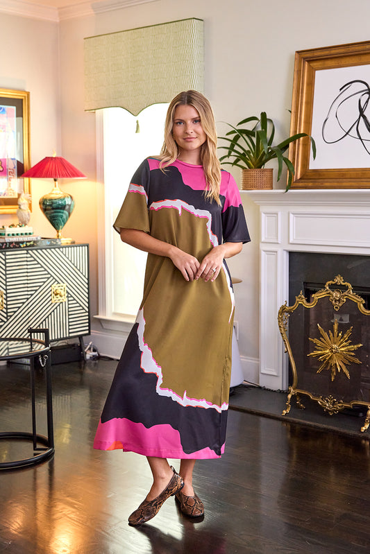 Portoro short sleeve ankle-length dress with a straight fit on model – CROSBY by Mollie Burch