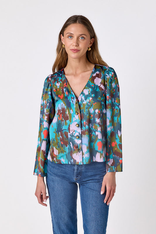 Florentine Marble V-neck straight fit top on model – CROSBY by Mollie Burch