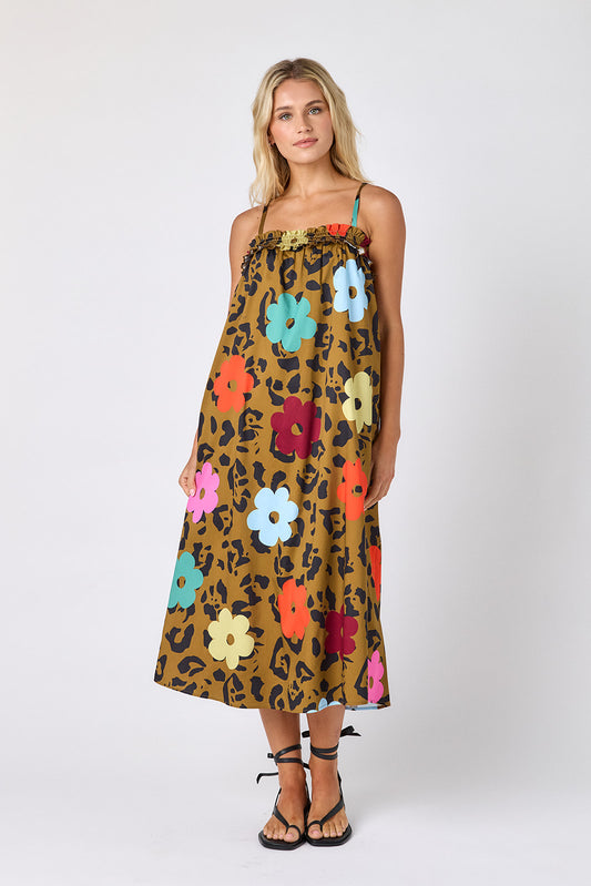 Happy Leopard tent style dress with smocking on model — CROSBY by Mollie Burch