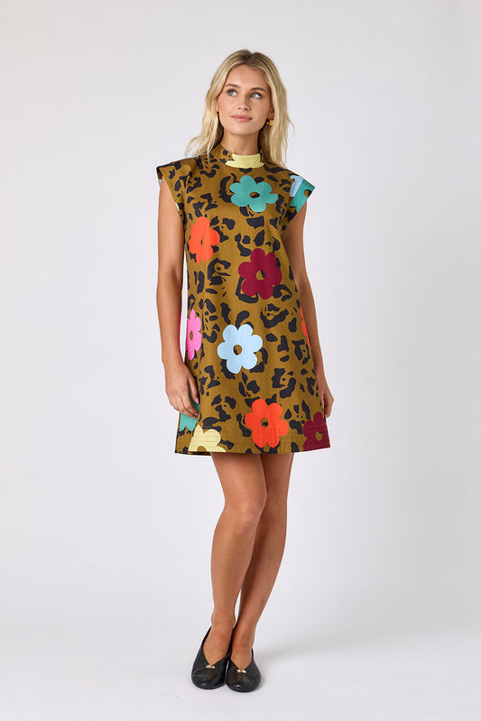 Happy Leopard structured A-line dress on model — CROSBY by Mollie Burch
