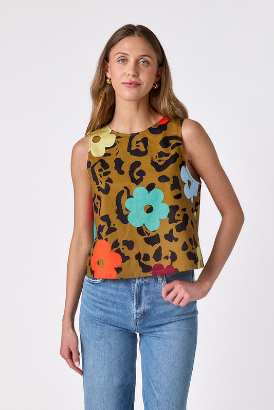 Happy Leopard boxy tank on model — CROSBY by Mollie Burch