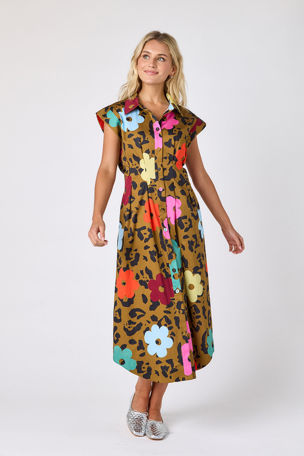 Happy Leopard collared button down dress with waist emphasis on model — CROSBY by Mollie Burch