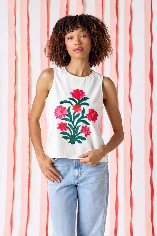 Ivory boxy a-line tank top with embroidery on model — CROSBY by Mollie Burch