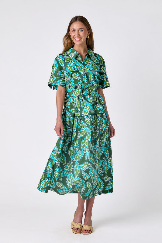 Moss Mirage short-sleeve collared midi dress with belt on model — CROSBY by Mollie Burch