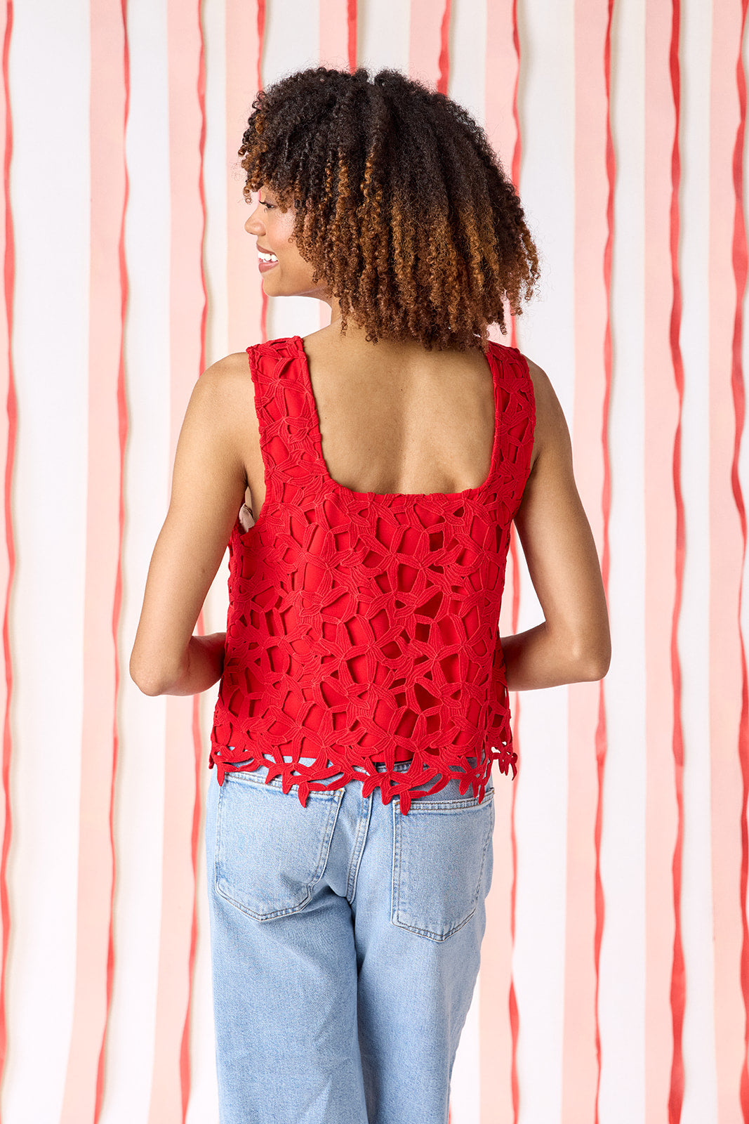 Pomegranate Lace boxy lace tank top on model — CROSBY by Mollie Burch