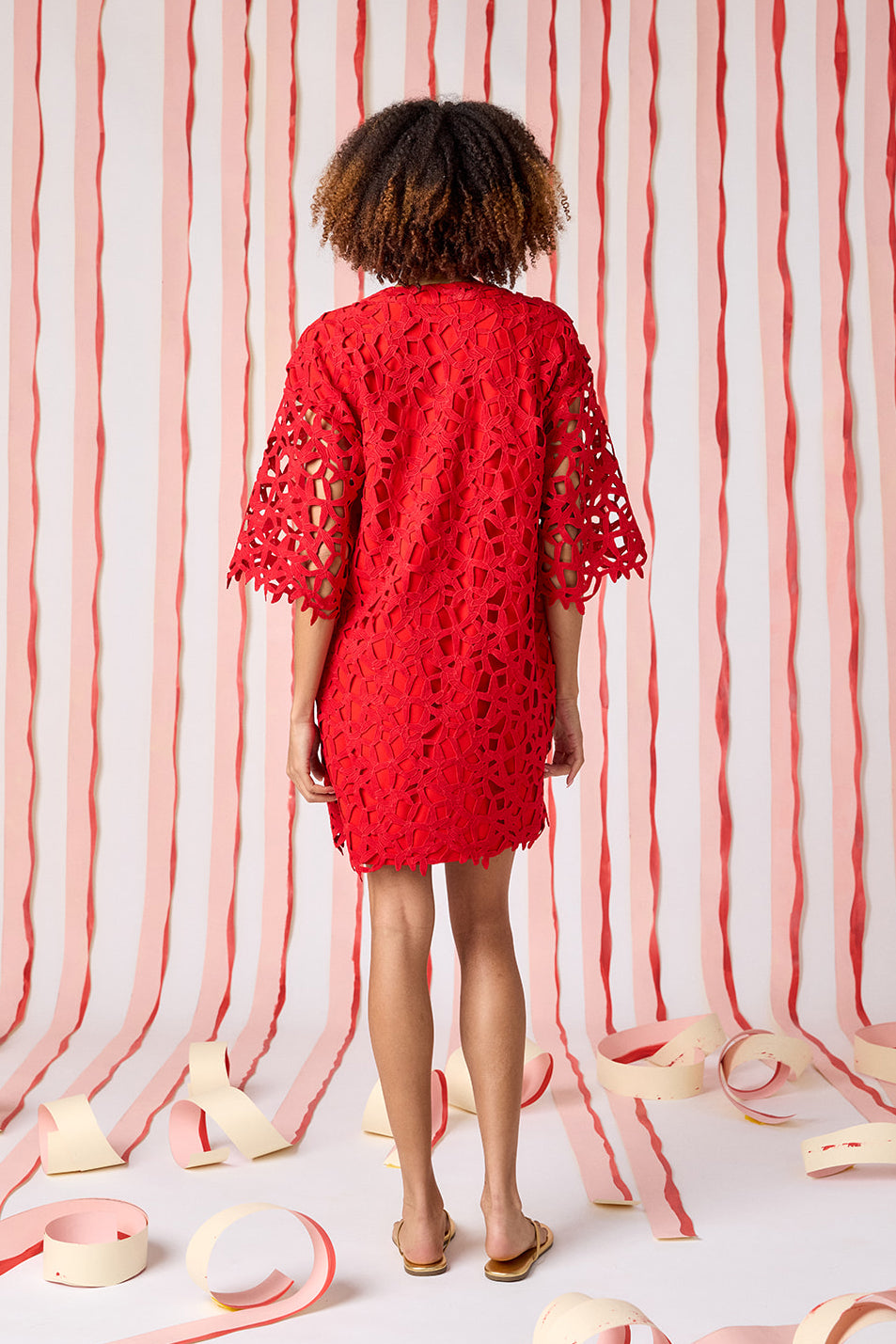 Pomegranate Lace bell sleeve dress with on model — CROSBY by Mollie Burch