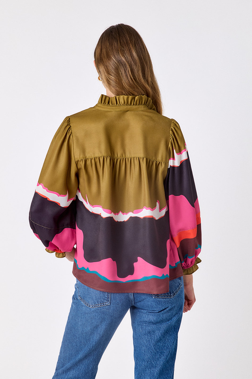 Portoro flowy ¾ sleeve blouse on model – CROSBY by Mollie Burch