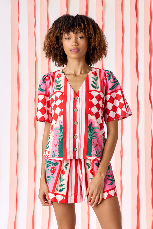 Palladio short sleeve buttondown top with matching shorts on model — CROSBY by Mollie Burch