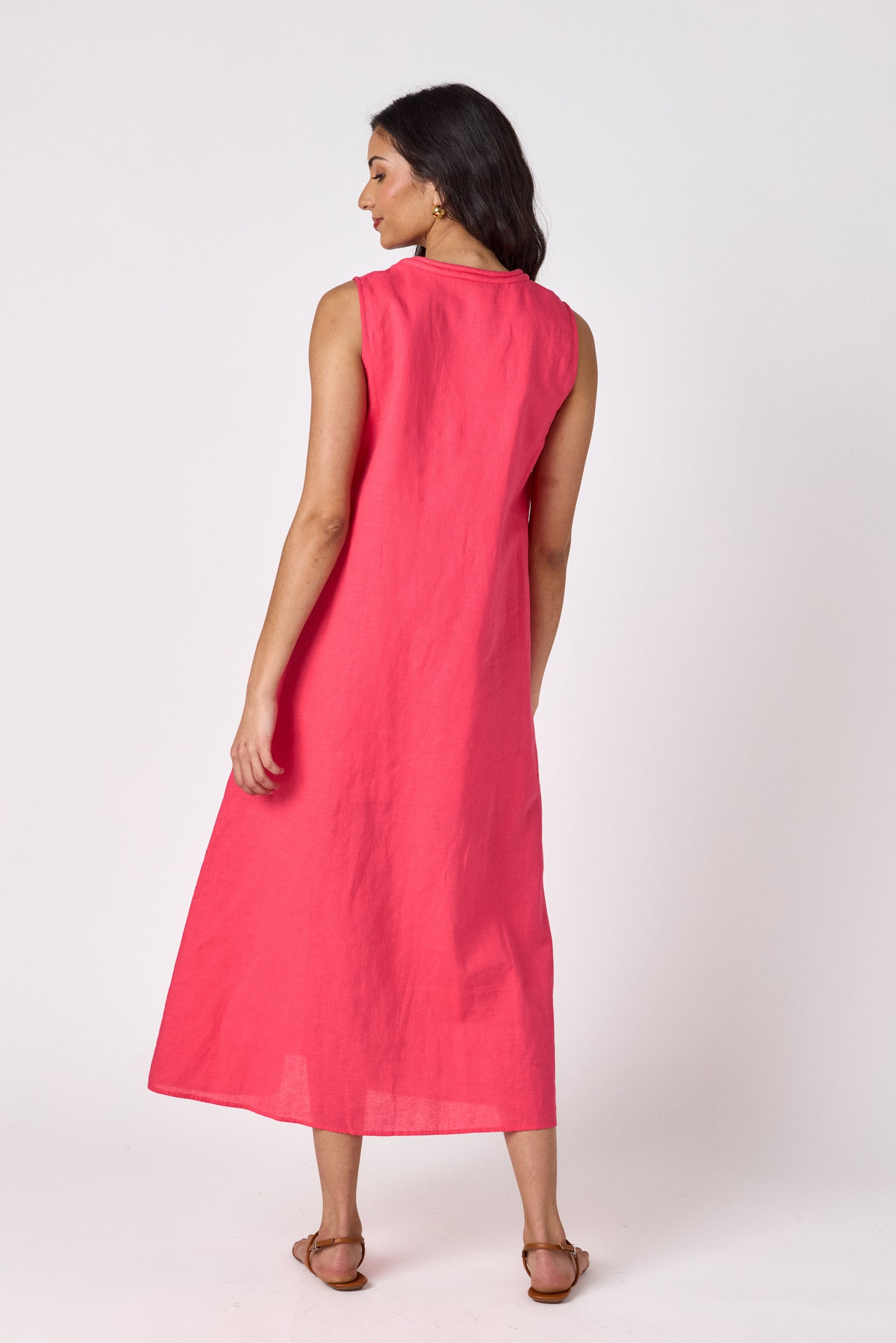 Raspberry sleeveless v-neck ankle length dress on model — CROSBY by Mollie Burch