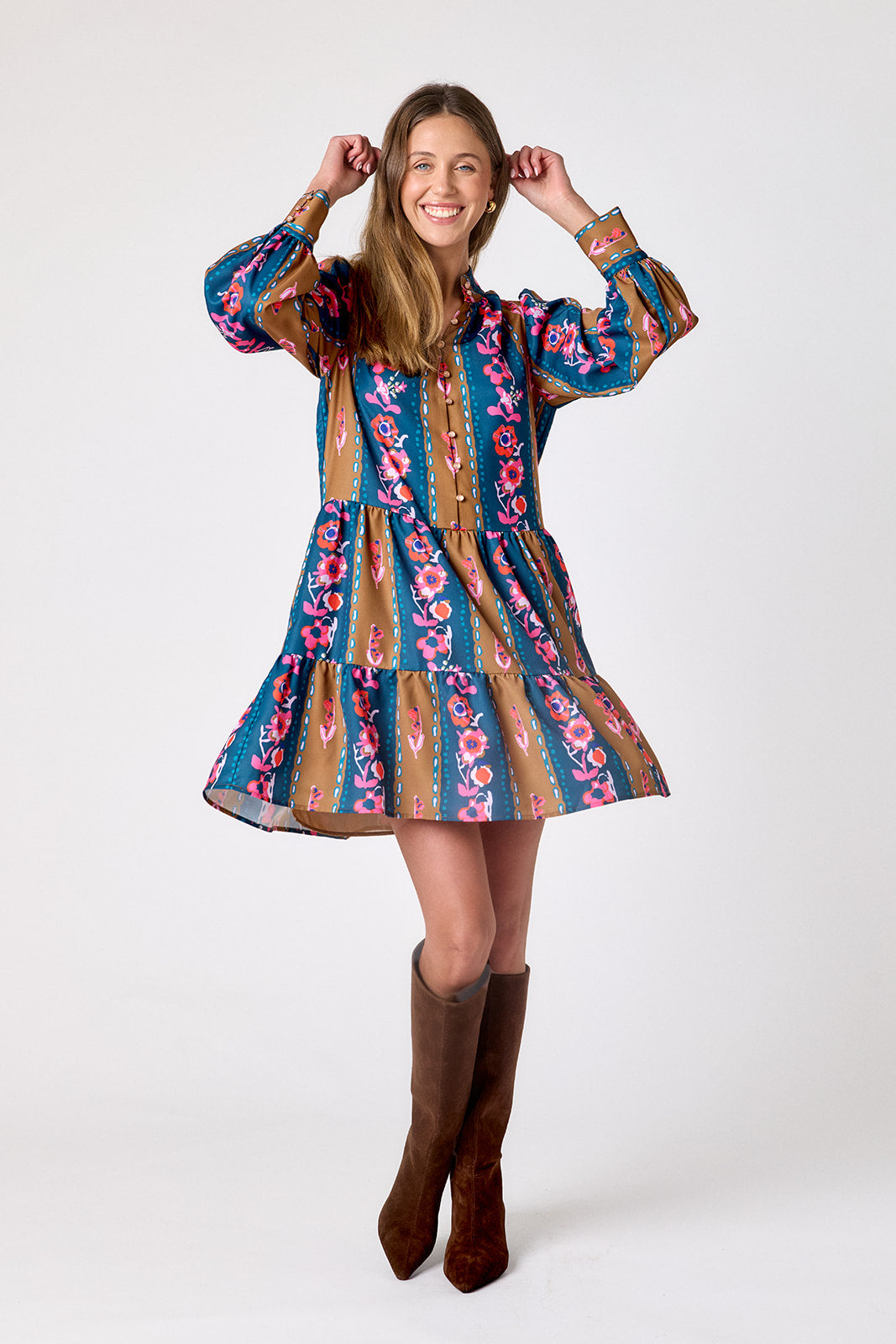 Tapestry Stripe tiered above-the-knee dress on model – CROSBY by Mollie Burch