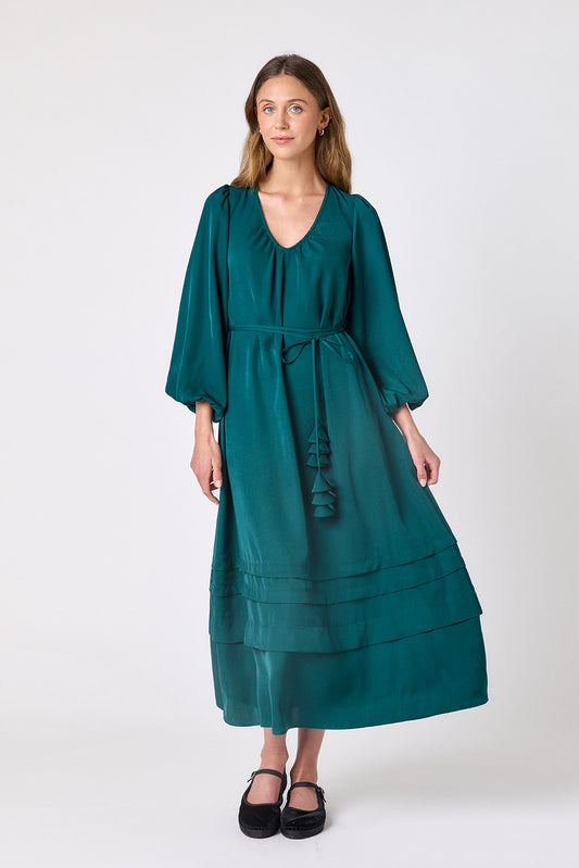 Verdigris swingy maxi dress on model – CROSBY by Mollie Burch