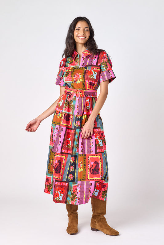 Vintage Vignette short sleeve collared dress with belt on model – CROSBY by Mollie Burch