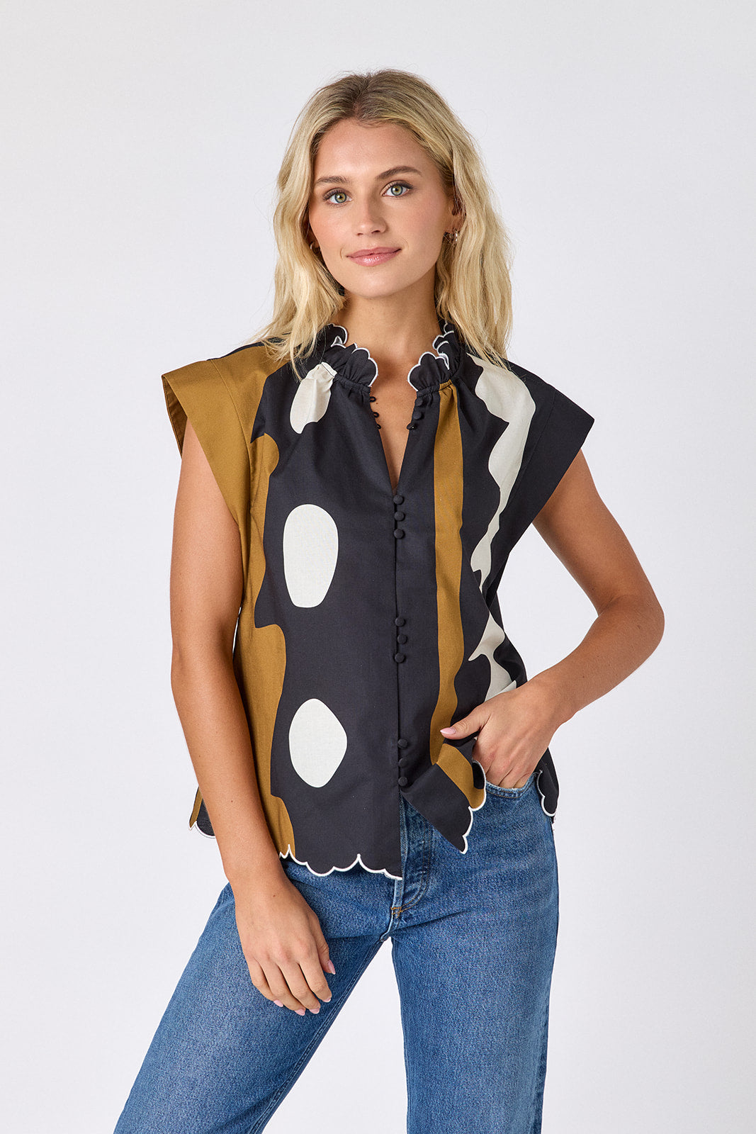 Fritzy Top | Ruffle Collar Cap Sleeve Women's Top | CROSBY by