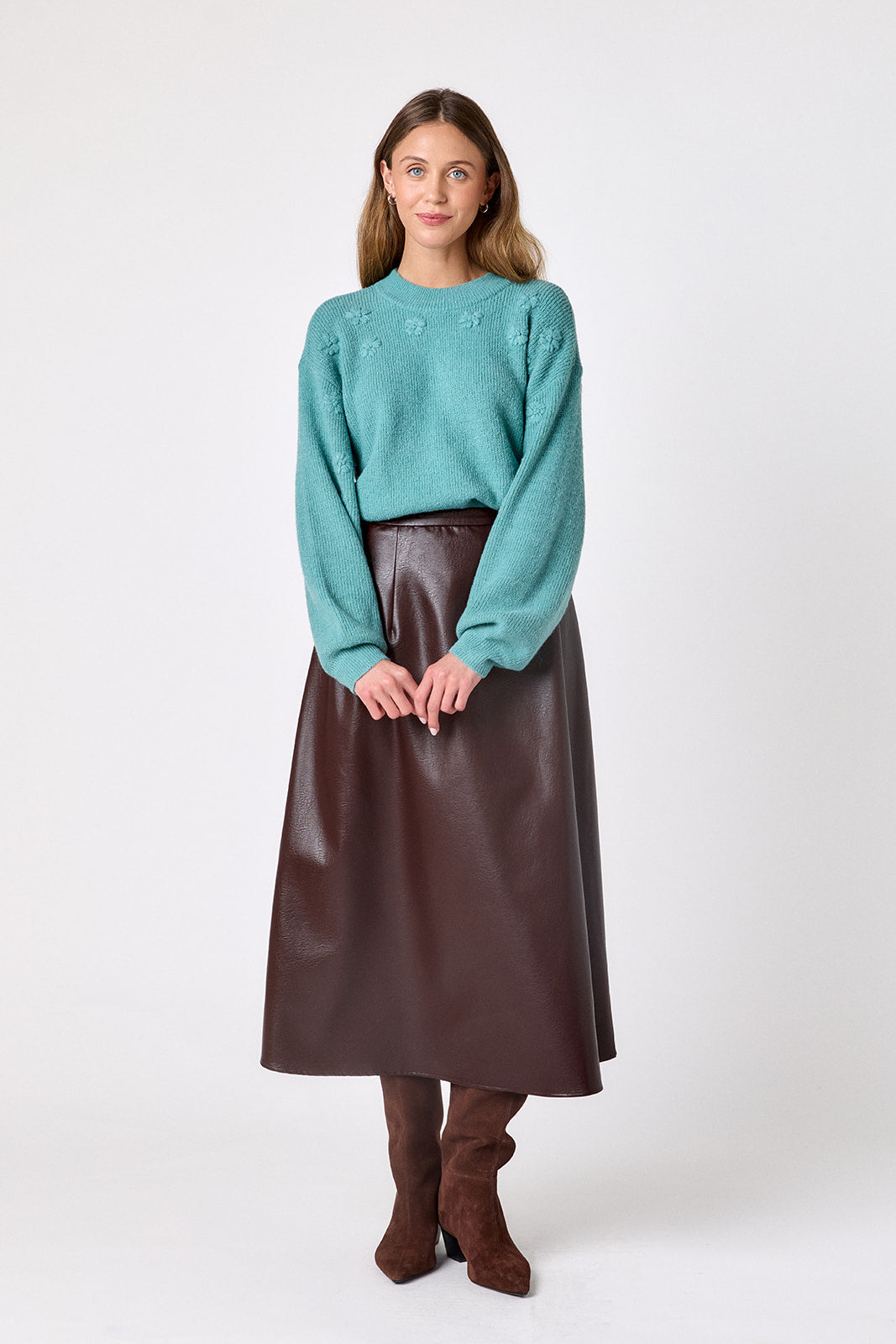 Amazonite drop shoulder sweater with floral detailing on model – CROSBY by Mollie Burch