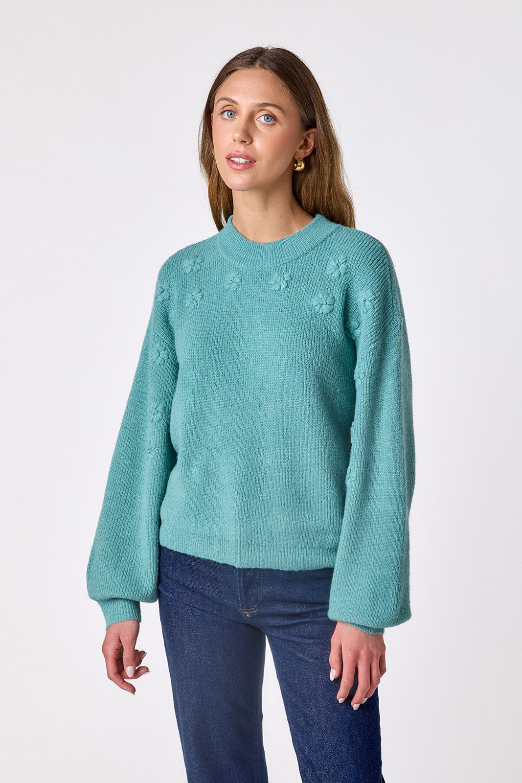 Amazonite drop shoulder sweater with floral detailing on model – CROSBY by Mollie Burch