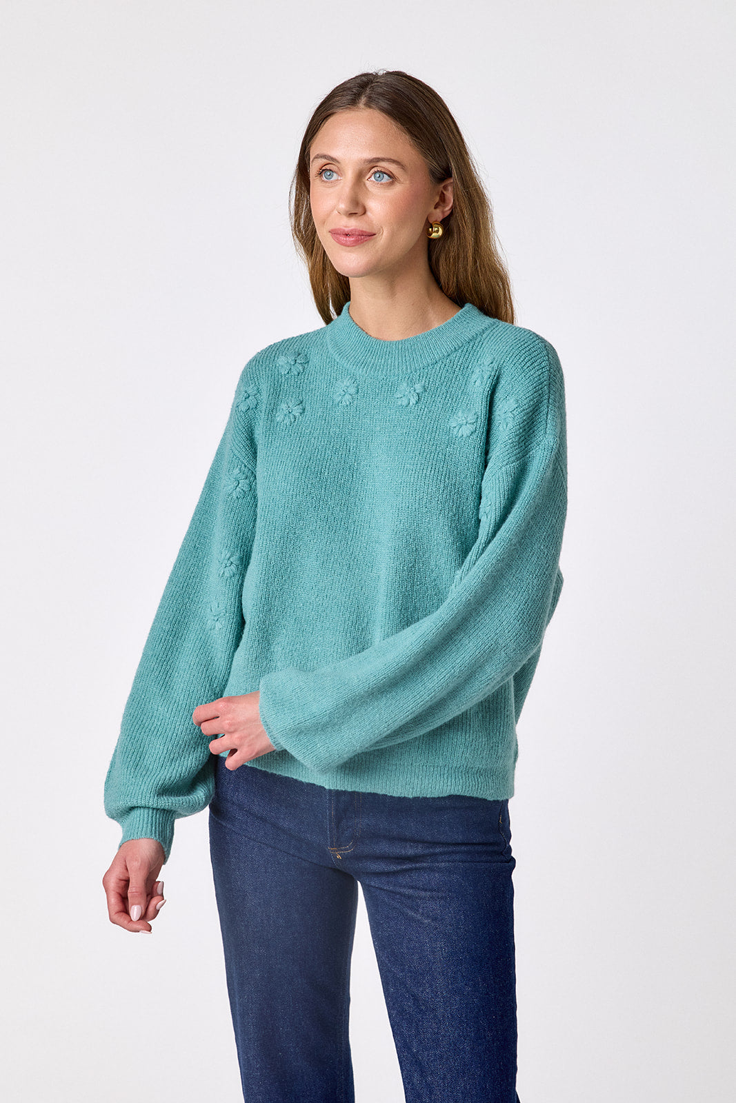 Amazonite drop shoulder sweater with floral detailing on model – CROSBY by Mollie Burch
