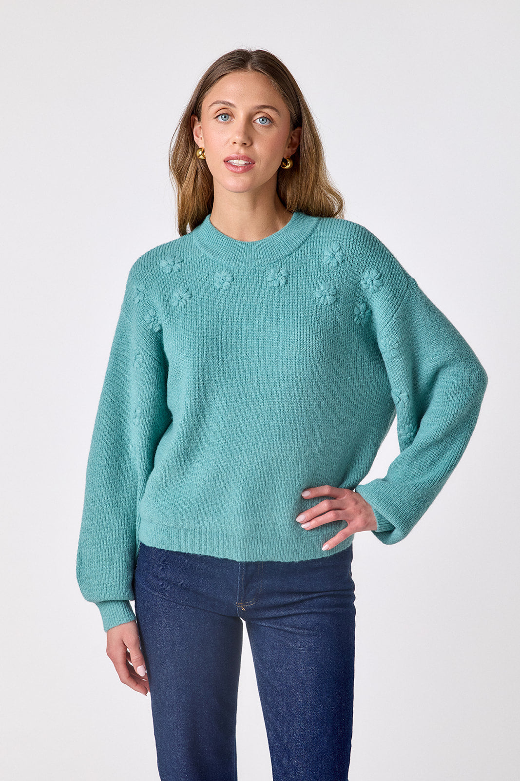 Amazonite drop shoulder sweater with floral detailing on model – CROSBY by Mollie Burch