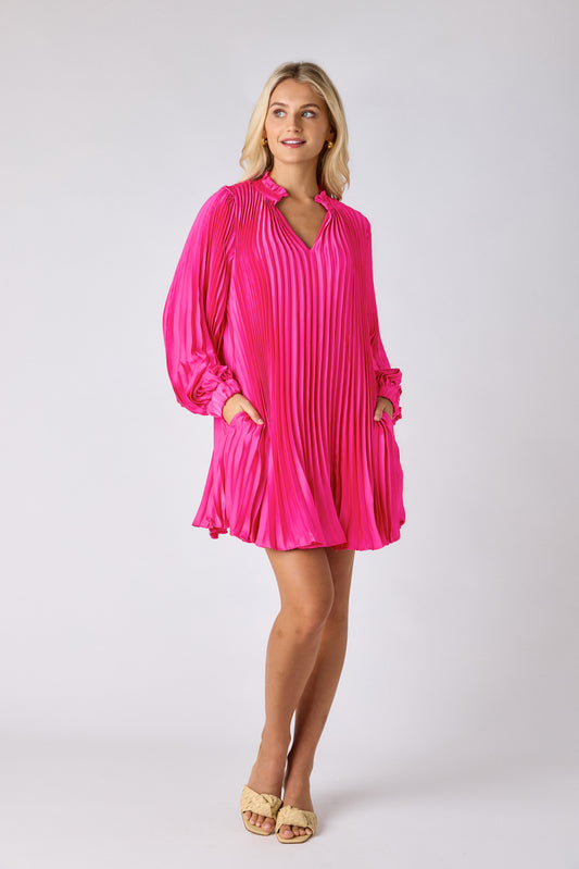 Berry Electric pleated tent dress on model — CROSBY by Mollie Burch