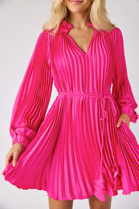 Berry Electric pleated tent dress on model — CROSBY by Mollie Burch