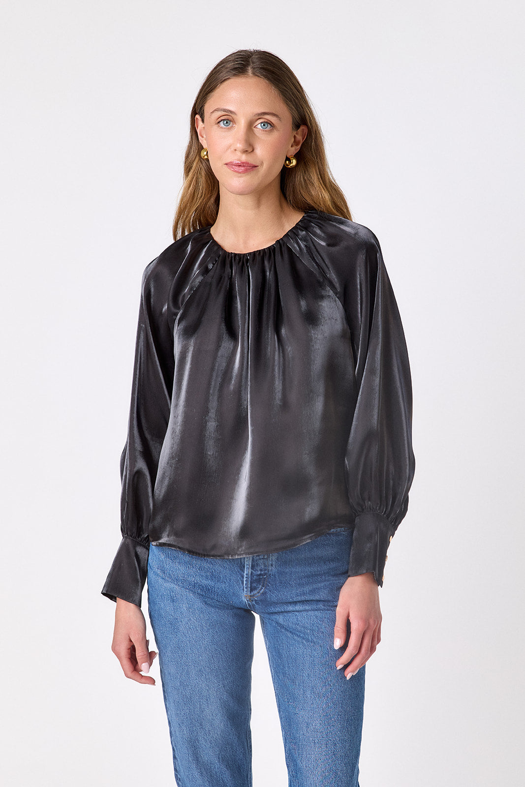 Black voluminous organza long-sleeve blouse on model – CROSBY by Mollie Burch