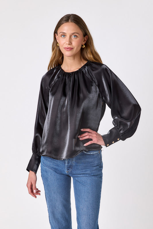 Black voluminous organza long-sleeve blouse on model – CROSBY by Mollie Burch