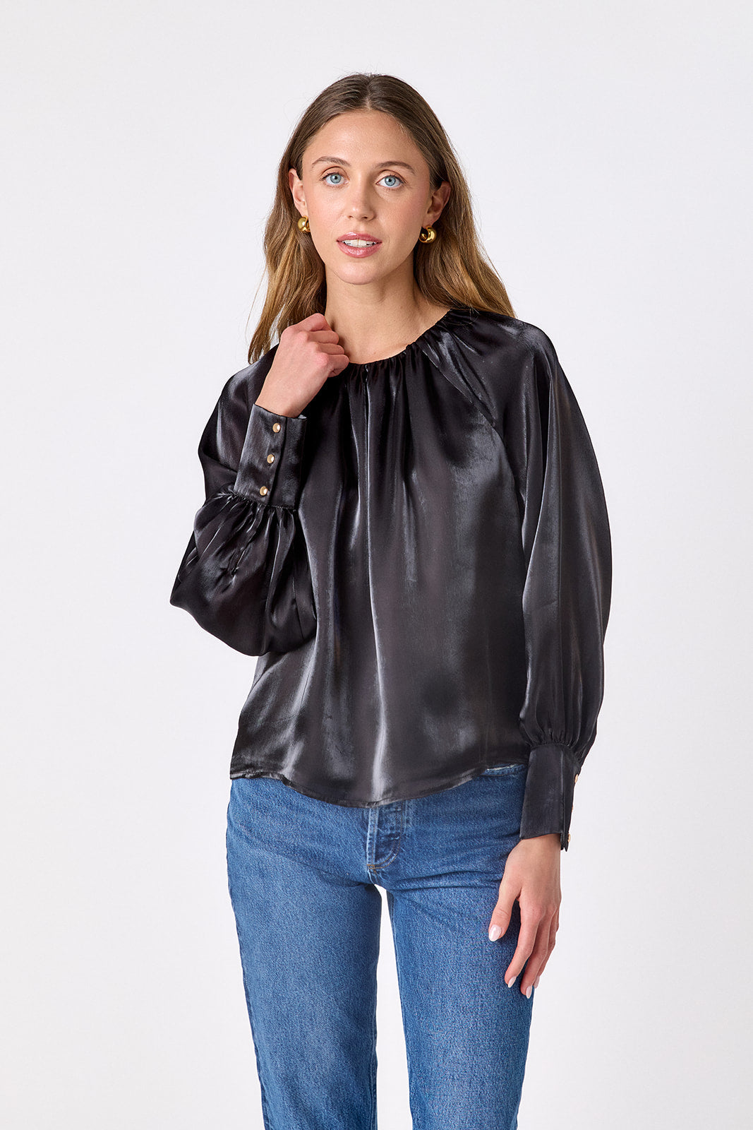 Black voluminous organza long-sleeve blouse on model – CROSBY by Mollie Burch