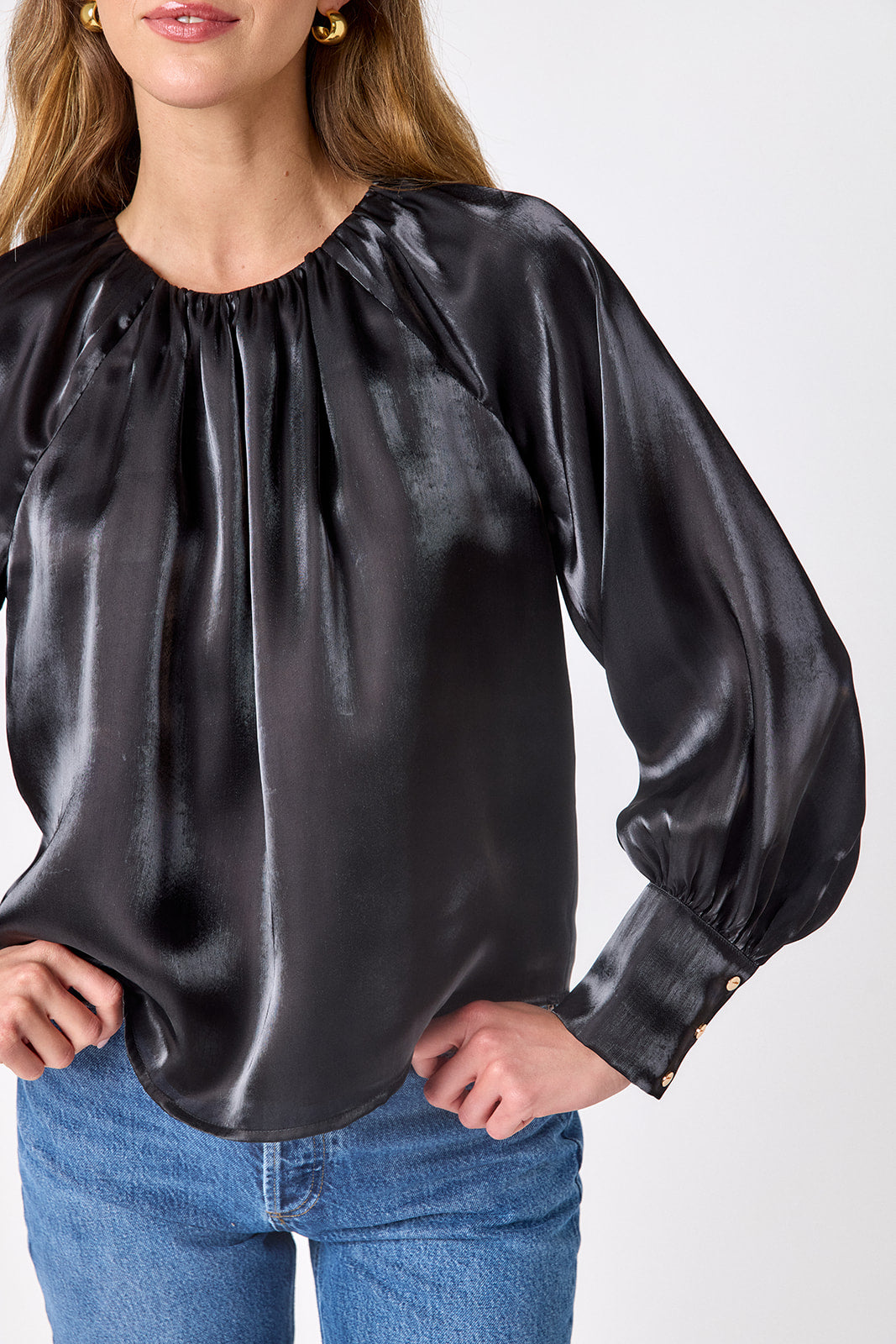 Black voluminous organza long-sleeve blouse on model – CROSBY by Mollie Burch