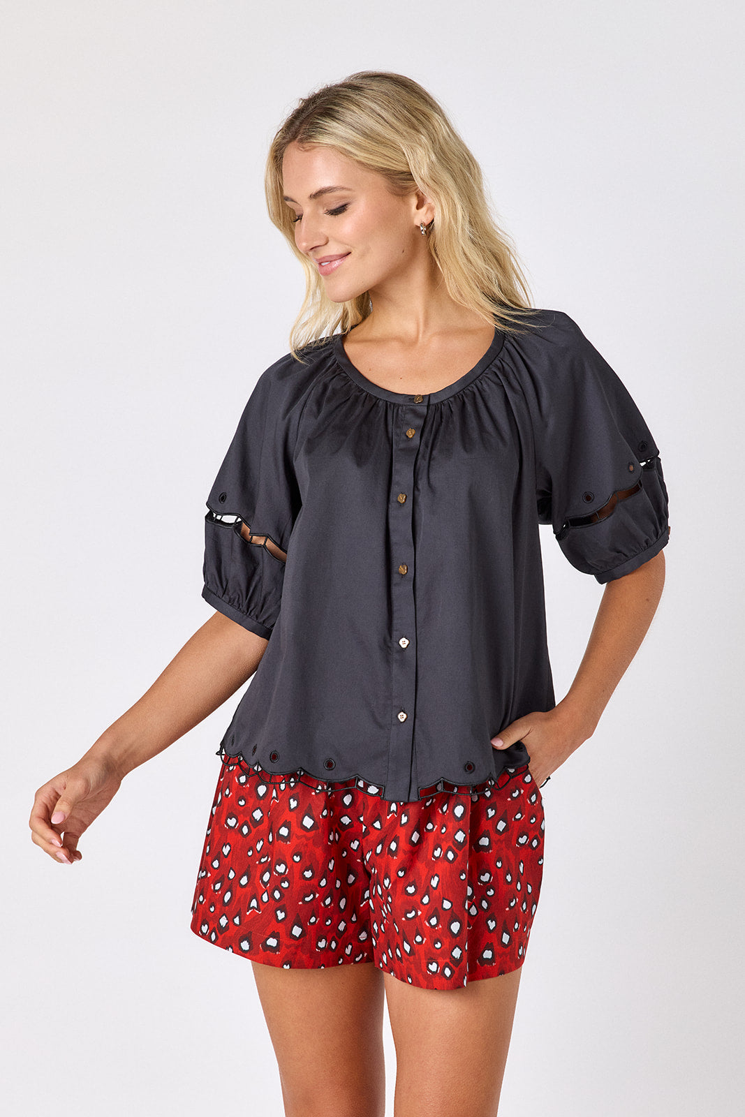 Pheasant shorts with Black scoop neck button up top on model — CROSBY by Mollie Burch