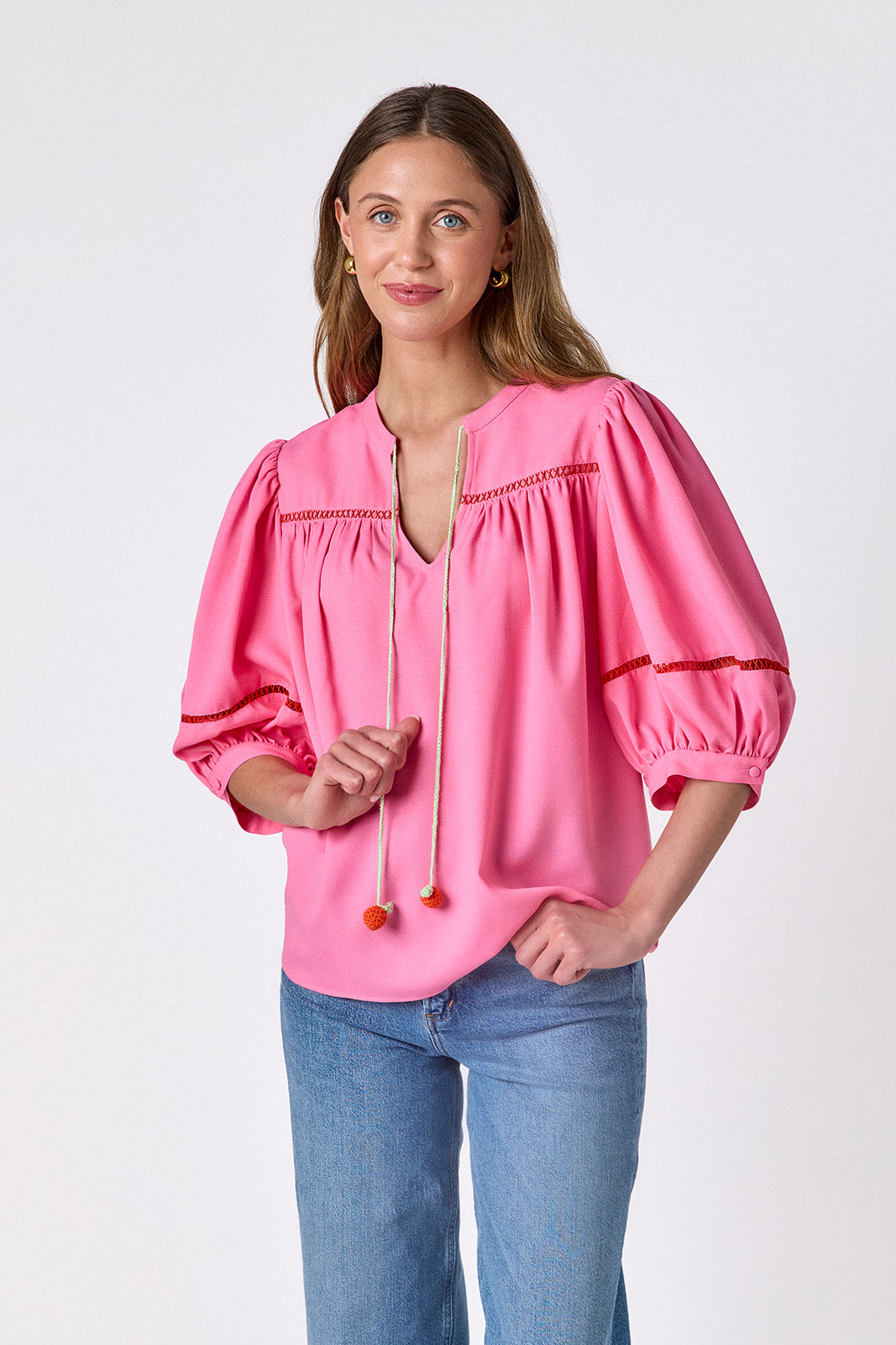 Blossom 3/4 balloon sleeve top on model — CROSBY by Mollie Burch