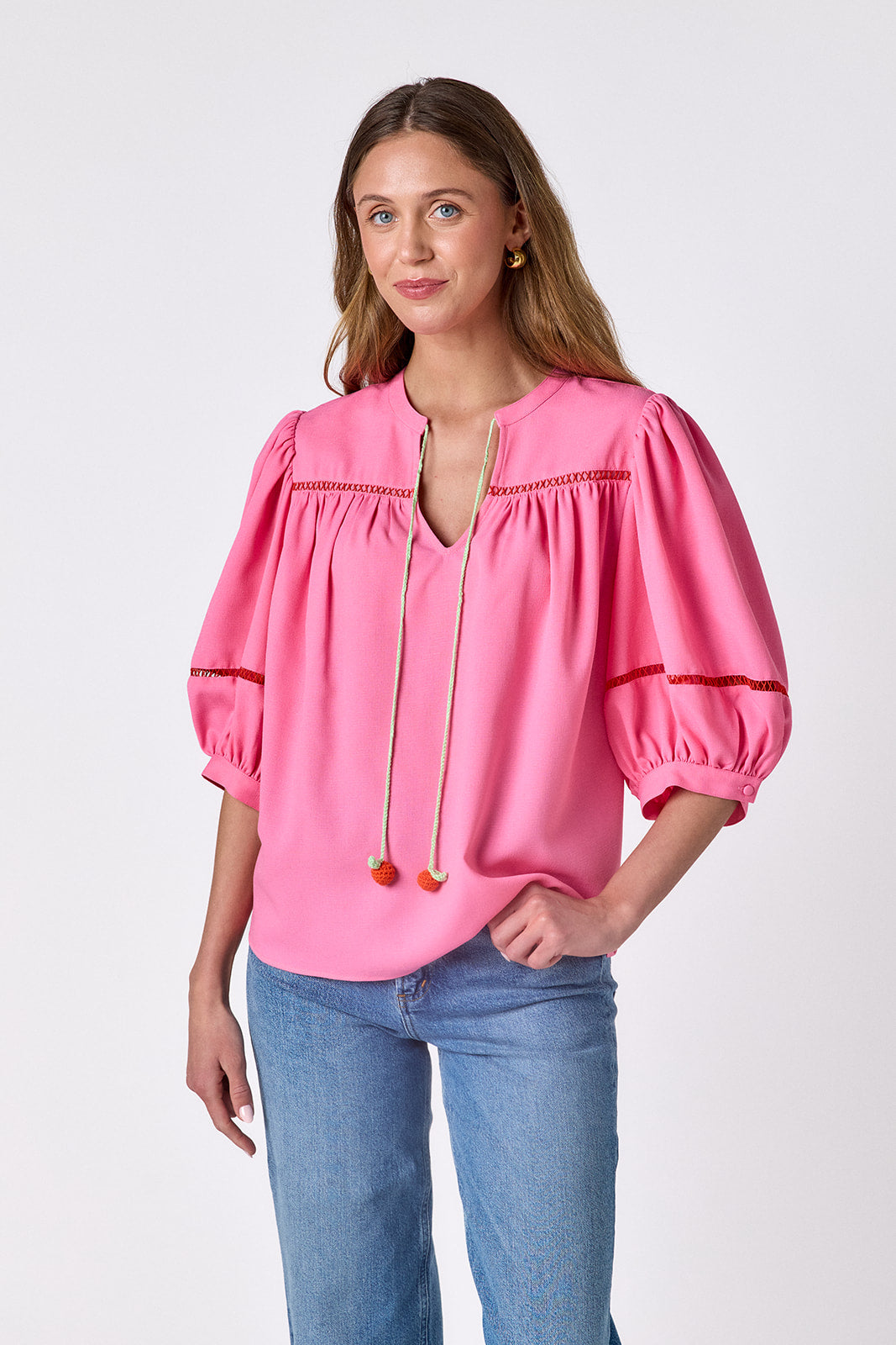 Blossom 3/4 balloon sleeve top on model — CROSBY by Mollie Burch