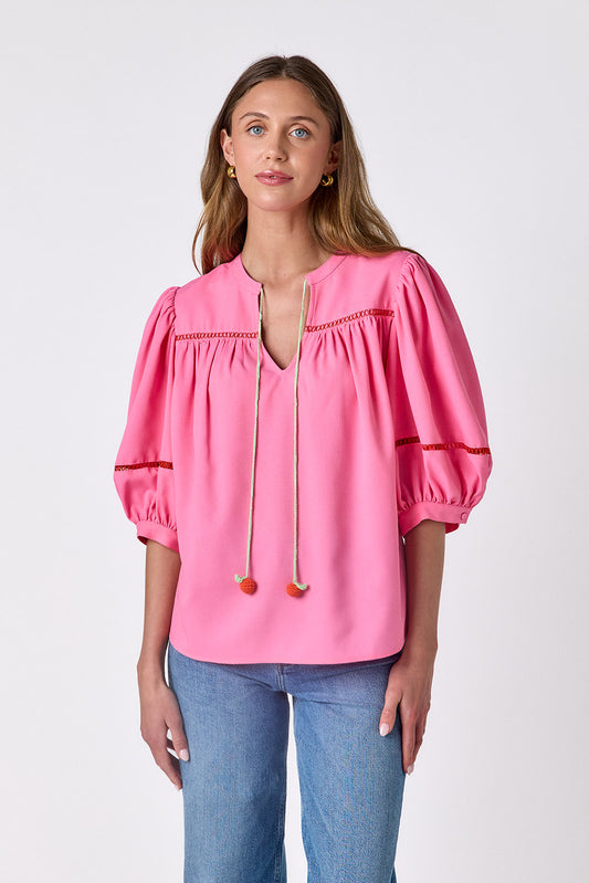 Blossom 3/4 balloon sleeve top on model — CROSBY by Mollie Burch