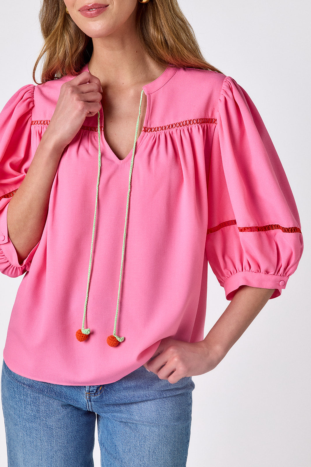 Blossom 3/4 balloon sleeve top on model — CROSBY by Mollie Burch