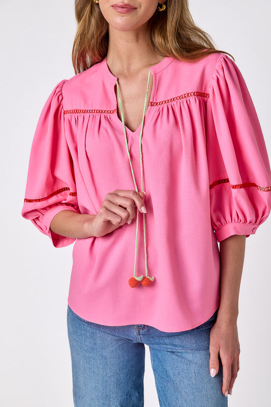 Blossom 3/4 balloon sleeve top on model — CROSBY by Mollie Burch