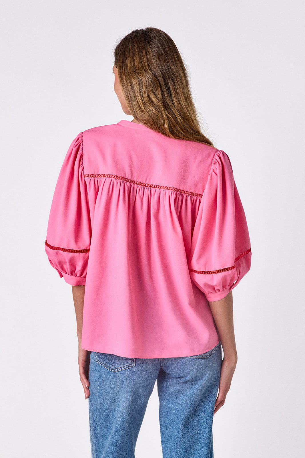 Blossom 3/4 balloon sleeve top on model — CROSBY by Mollie Burch