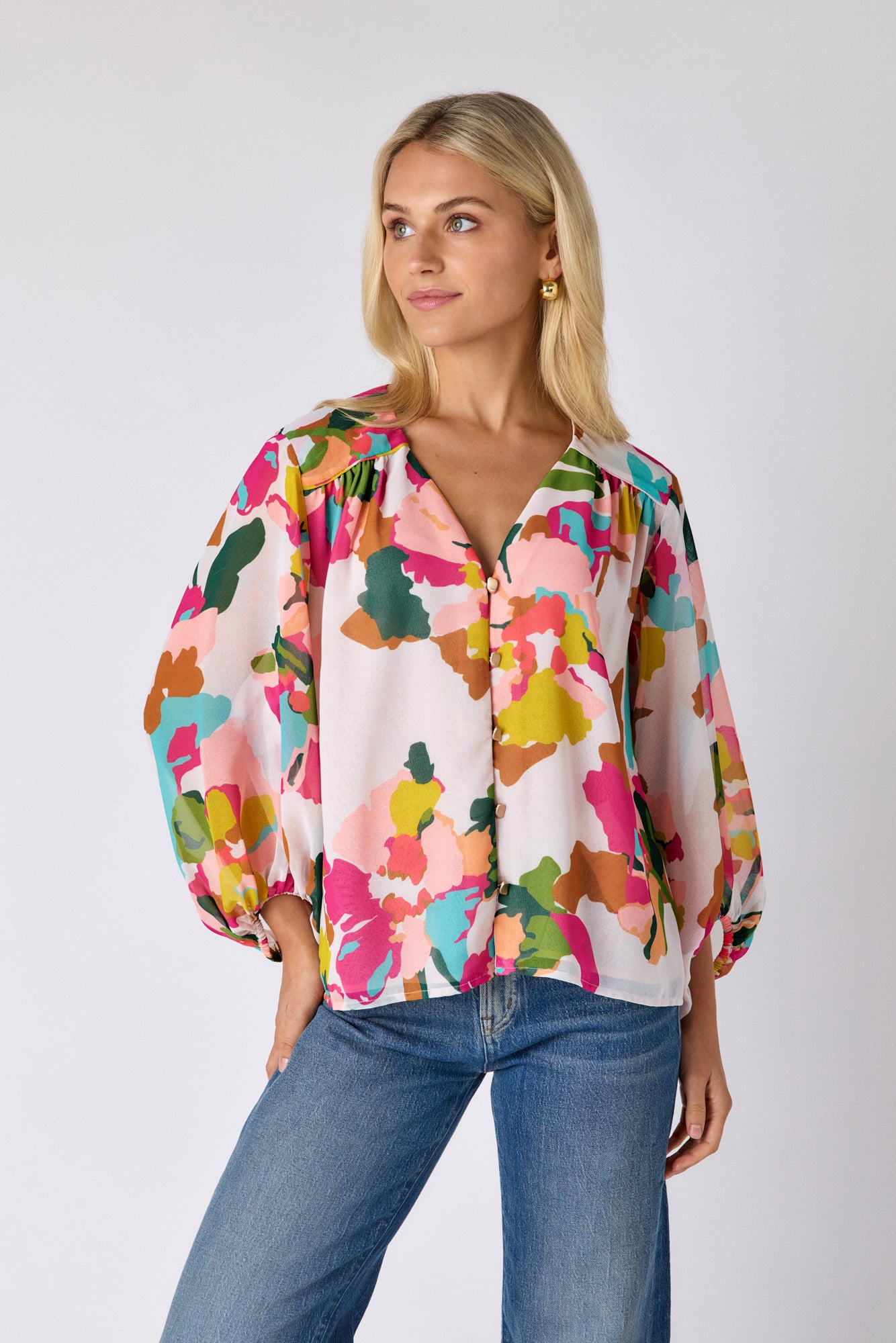 Botanic Blush v-neck balloon sleeve top on model — CROSBY by Mollie Burch