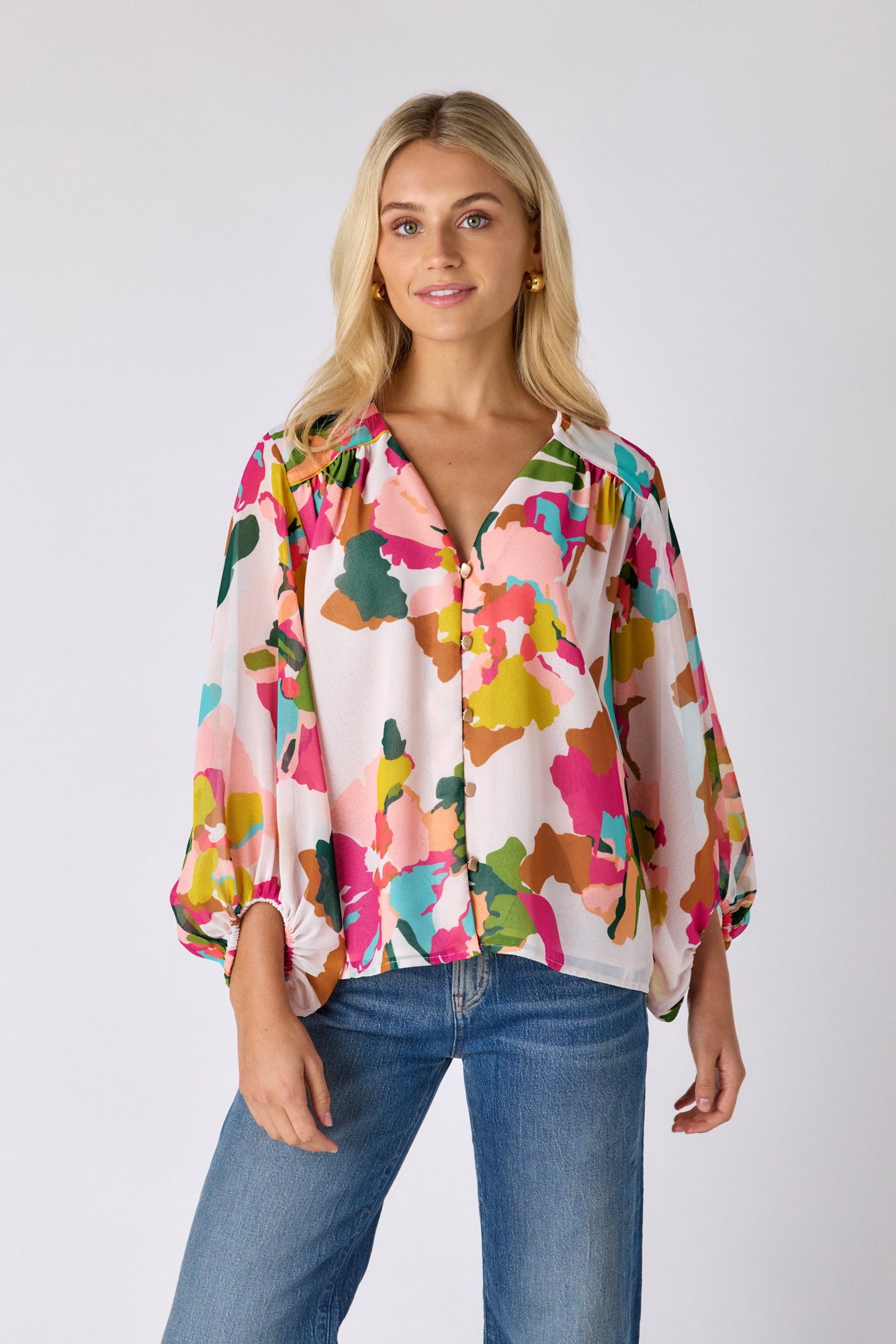 Botanic Blush v-neck balloon sleeve top on model — CROSBY by Mollie Burch