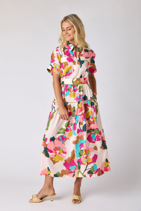 Botanic Blush short-sleeve collared midi dress with belt on model — CROSBY by Mollie Burch