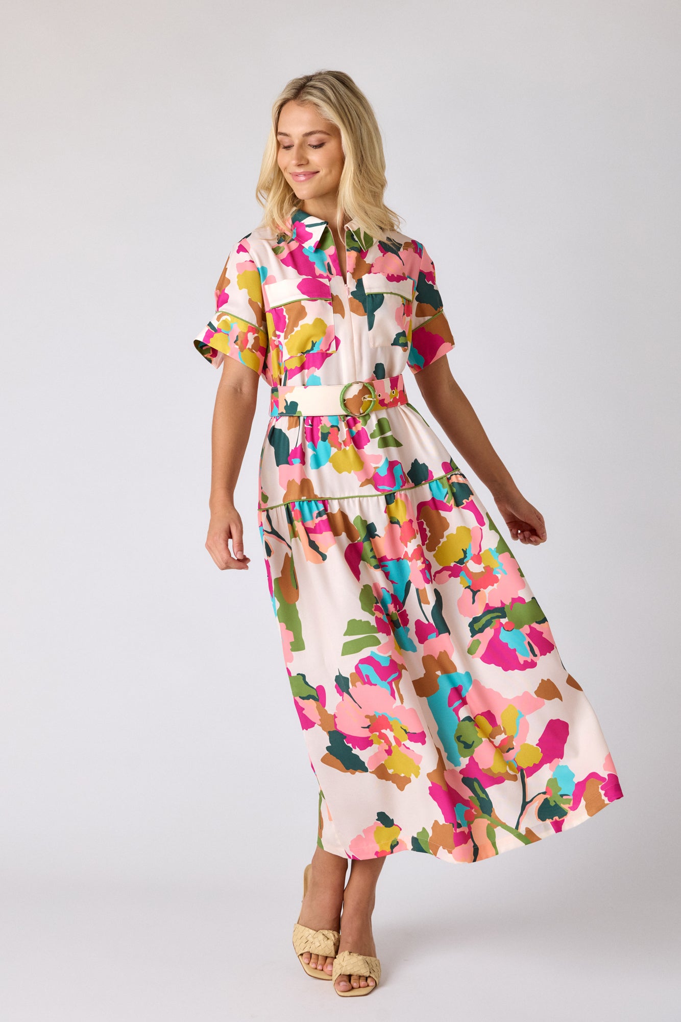 Botanic Blush short-sleeve collared midi dress with belt on model — CROSBY by Mollie Burch