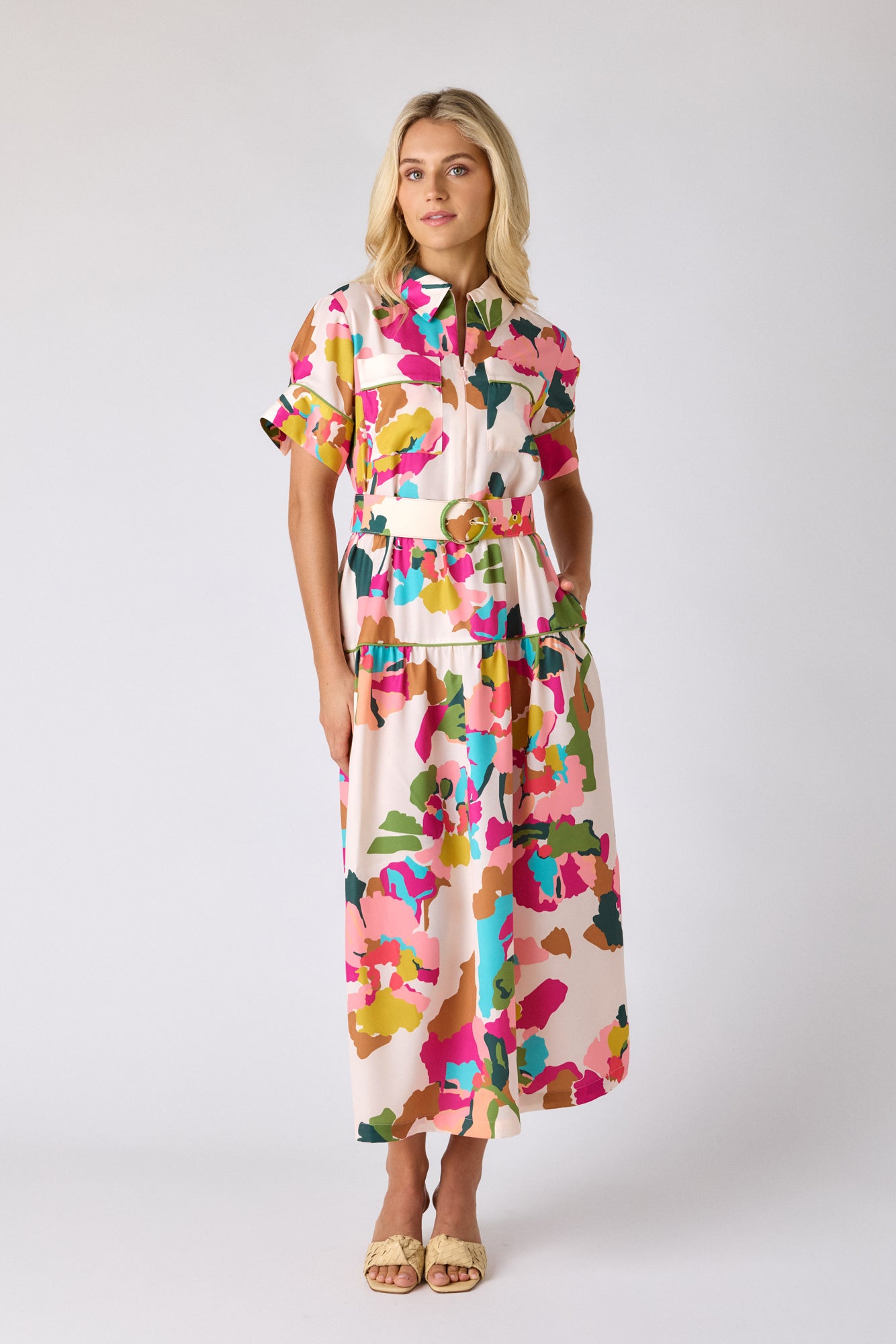 Botanic Blush short-sleeve collared midi dress with belt on model — CROSBY by Mollie Burch