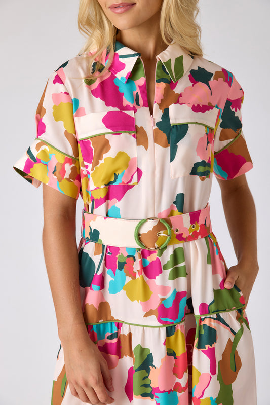 Botanic Blush short-sleeve collared midi dress with belt on model — CROSBY by Mollie Burch