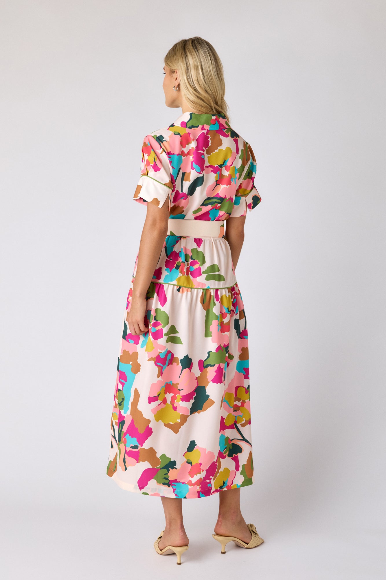 Botanic Blush short-sleeve collared midi dress with belt on model — CROSBY by Mollie Burch