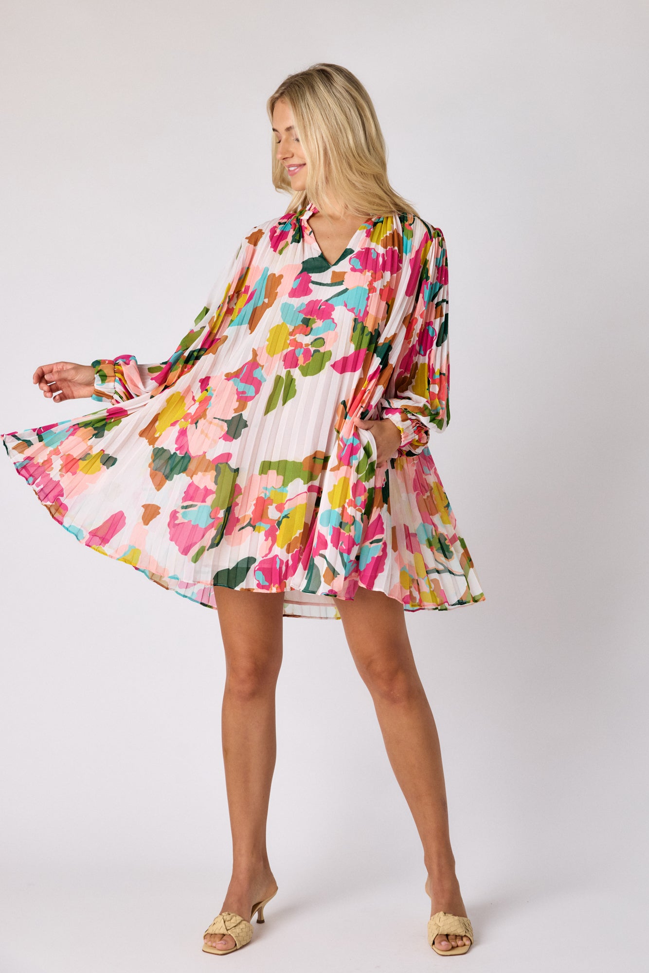 Botanic Blush pleated tent dress on model — CROSBY by Mollie Burch