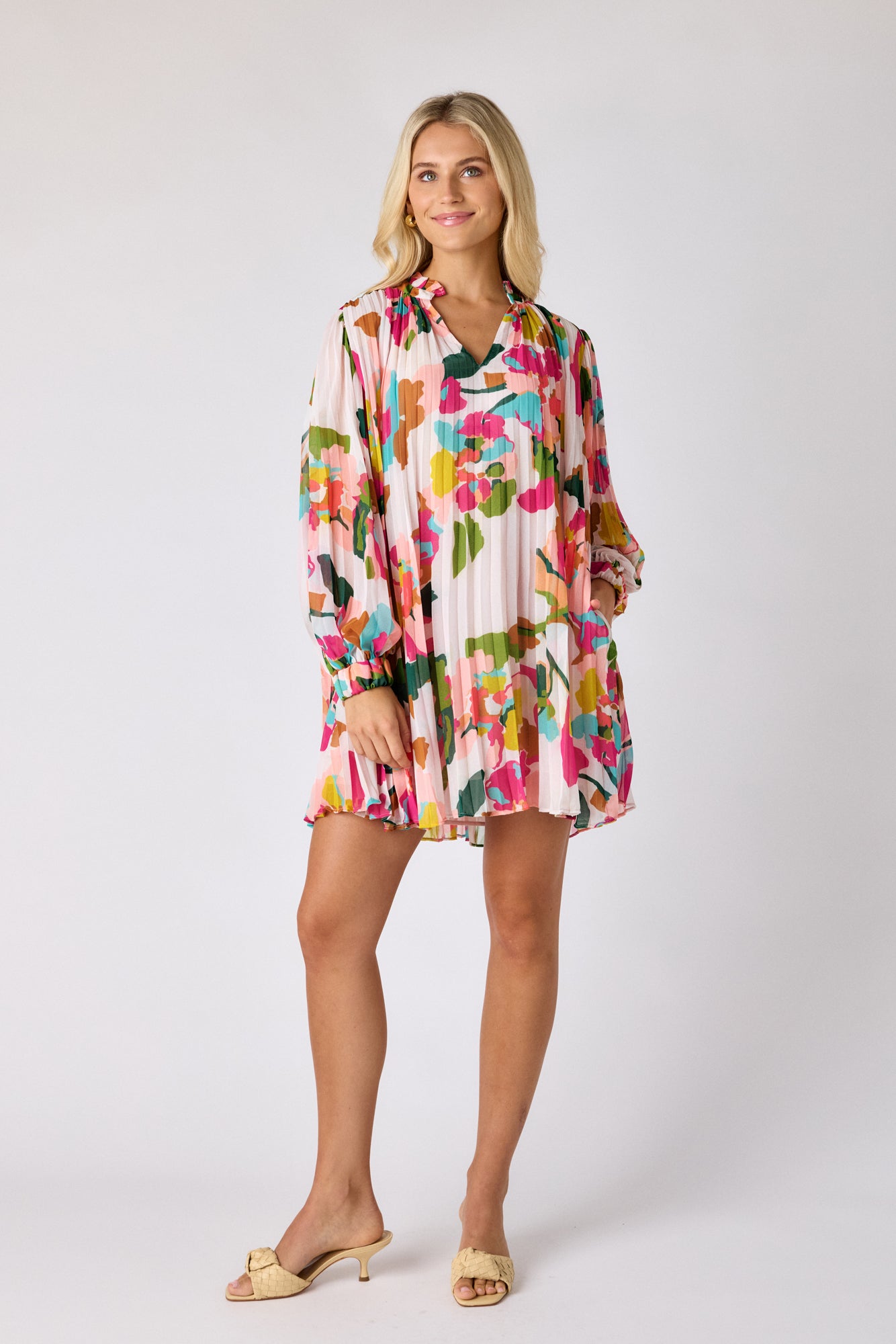 Botanic Blush pleated tent dress on model — CROSBY by Mollie Burch