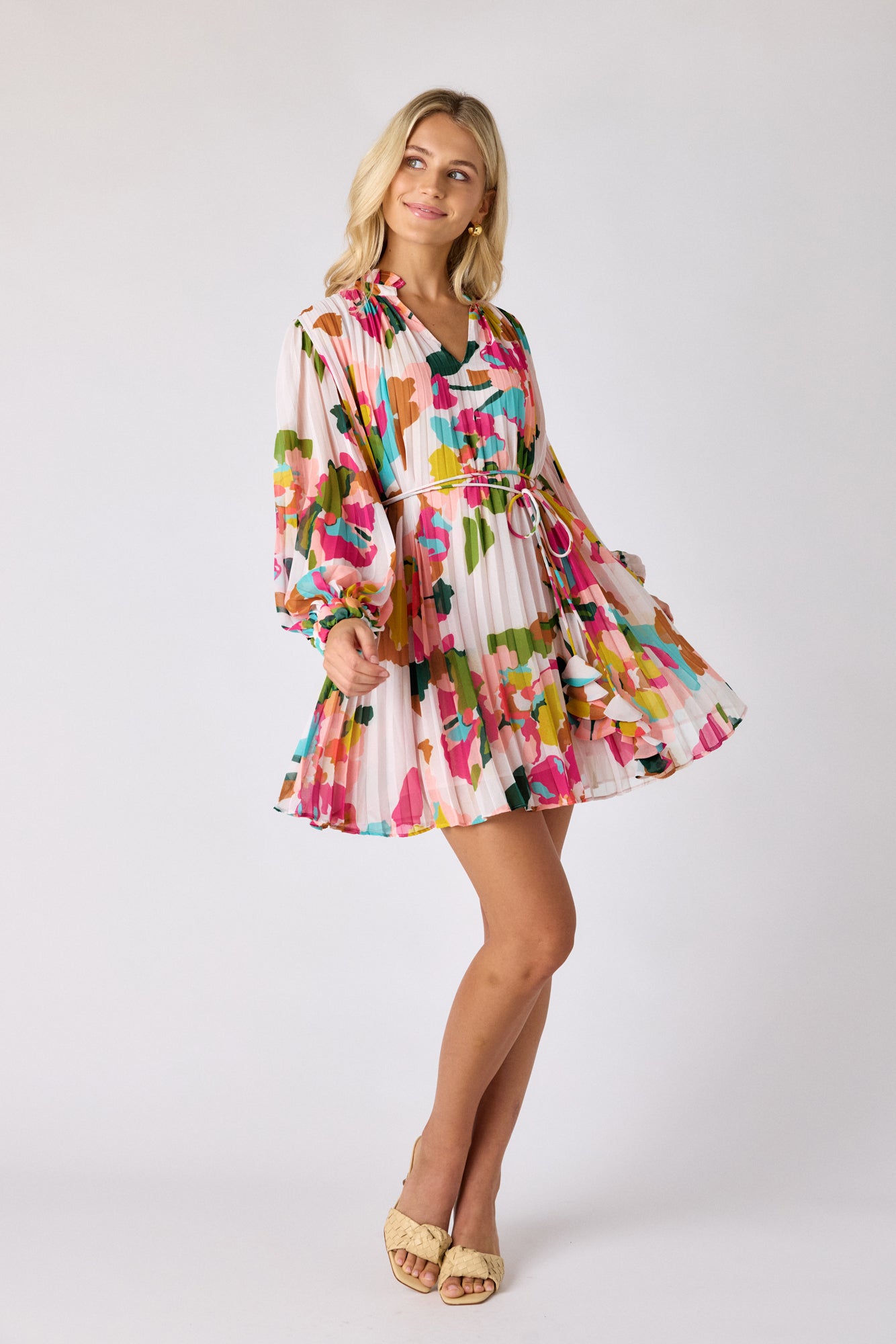 Botanic Blush pleated tent dress on model — CROSBY by Mollie Burch