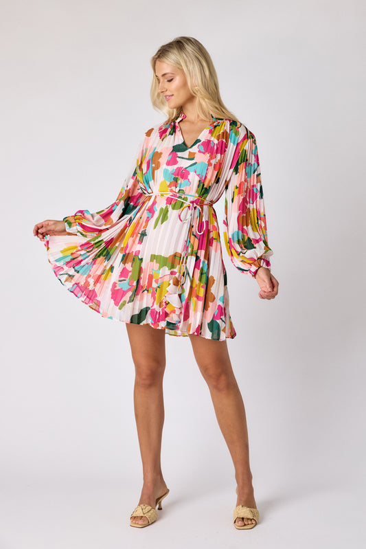 Botanic Blush pleated tent dress on model — CROSBY by Mollie Burch